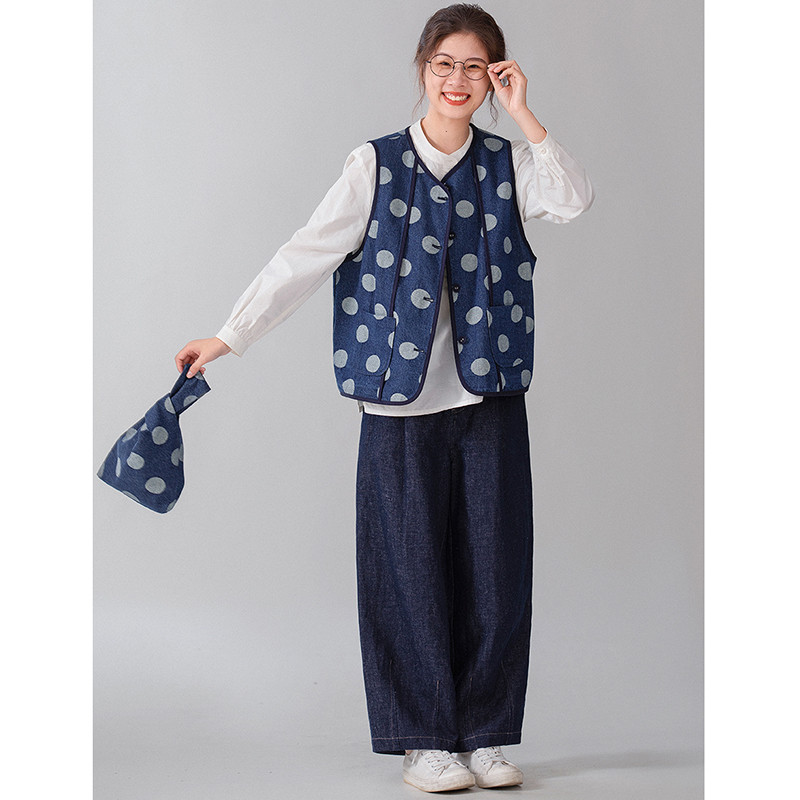 水玉デニムベスト　ジャガード織水玉100%コットンデニムベスト　ブルー　S-Mサイズ　S211