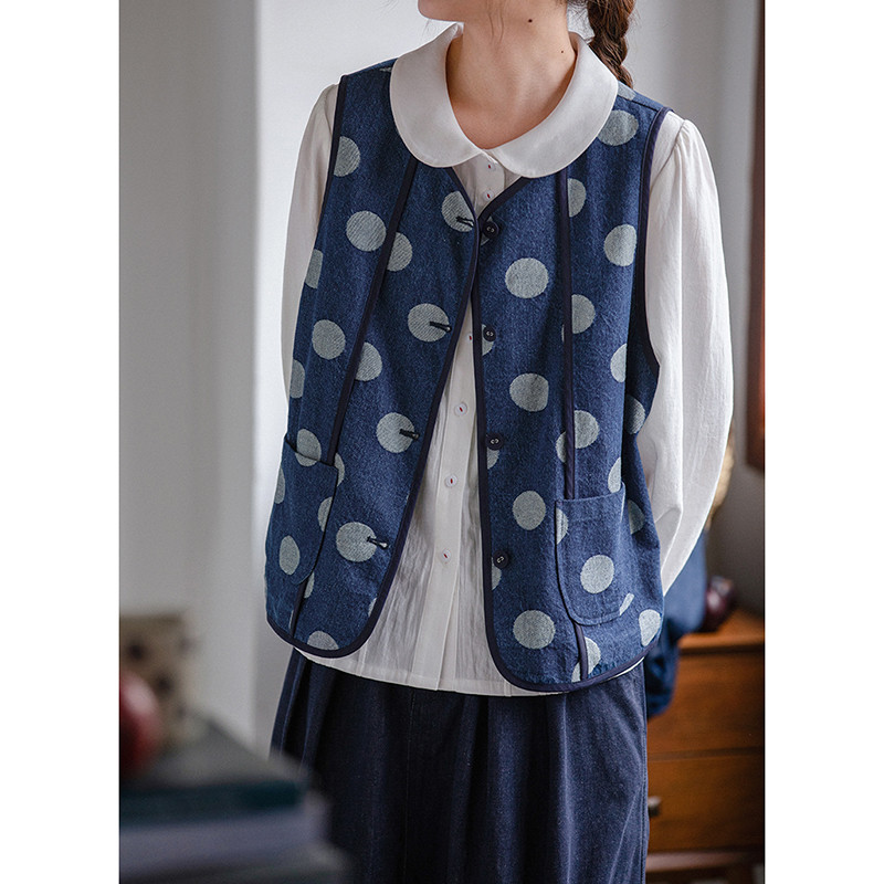 水玉デニムベスト　ジャガード織水玉100%コットンデニムベスト　ブルー　S-Mサイズ　S211
