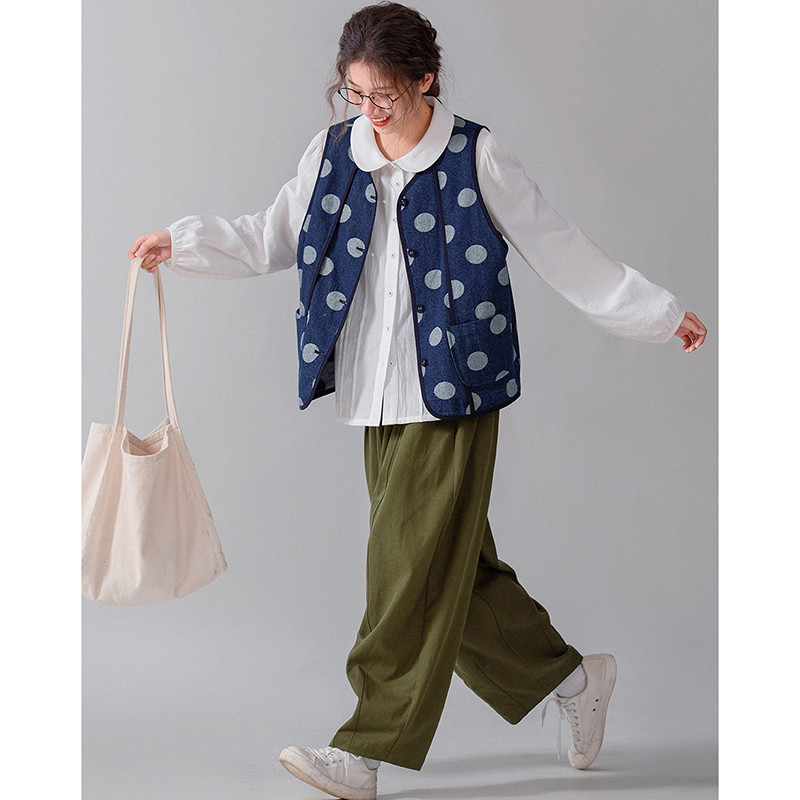 水玉デニムベスト　ジャガード織水玉100%コットンデニムベスト　ブルー　S-Mサイズ　S211