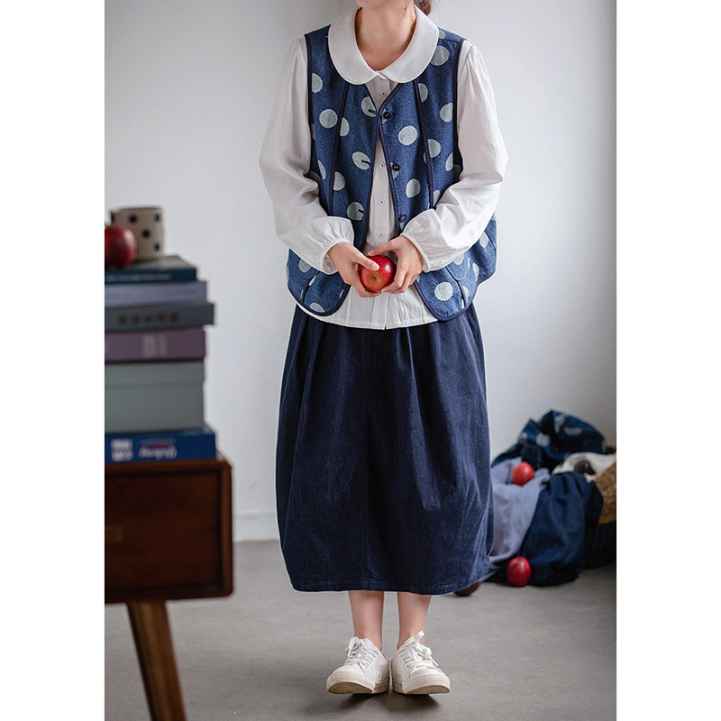 水玉デニムベスト　ジャガード織水玉100%コットンデニムベスト　ブルー　S-Mサイズ　S211