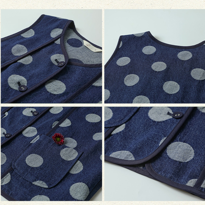 水玉デニムベスト　ジャガード織水玉100%コットンデニムベスト　ブルー　S-Mサイズ　S211