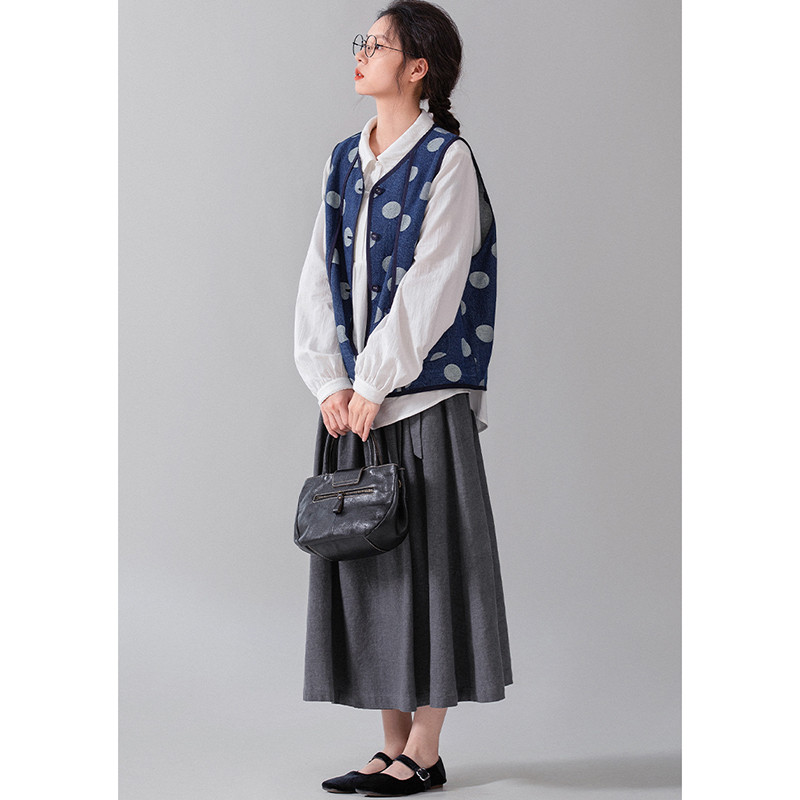 水玉デニムベスト　ジャガード織水玉100%コットンデニムベスト　ブルー　S-Mサイズ　S211