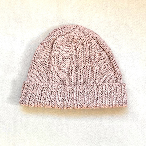 コットンリネンの帽子  手編み  ワッチキャップ  くすみピンク 1枚目の画像