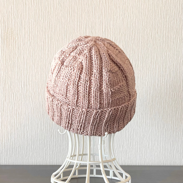 コットンリネンの帽子  手編み  ワッチキャップ  くすみピンク 5枚目の画像