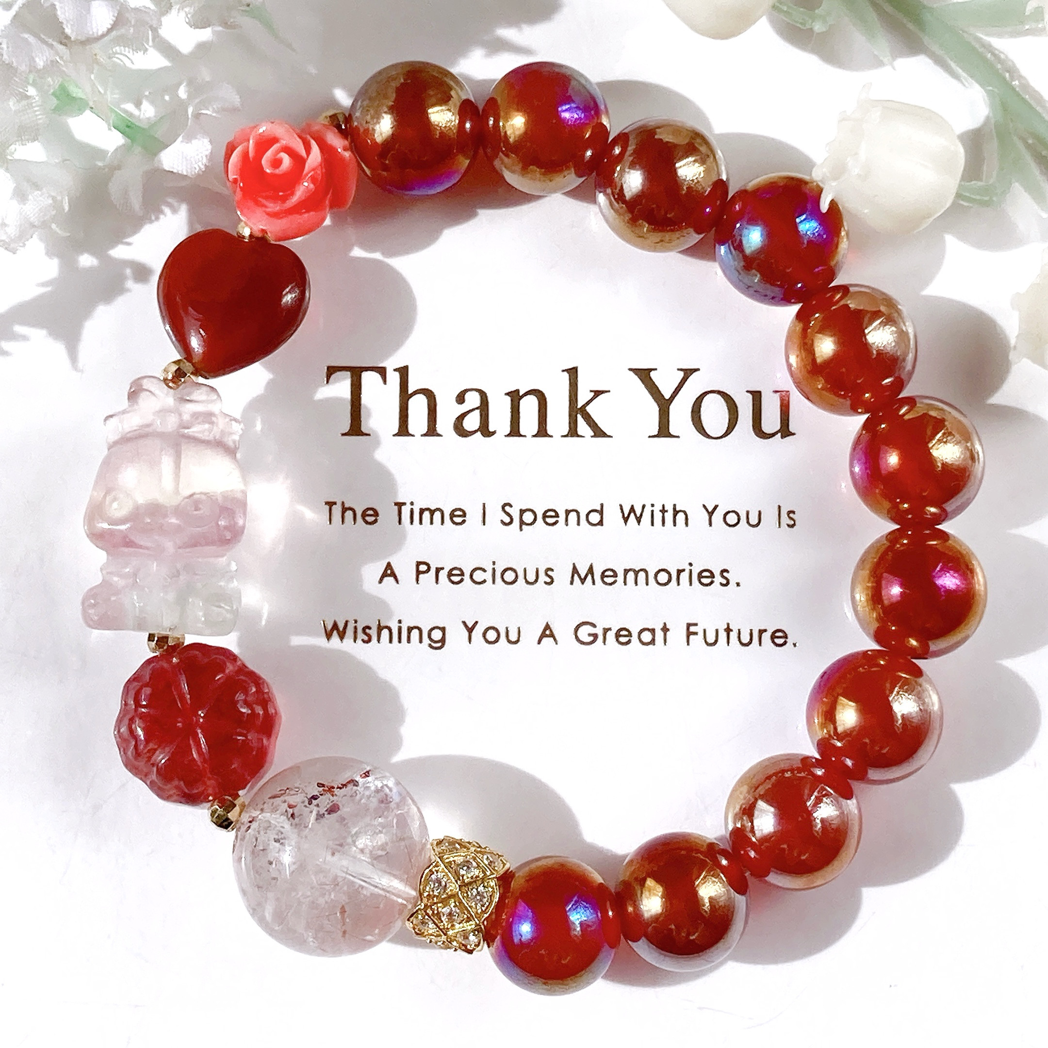 ˚✧₊⁎情熱˚✧₊⁎フローライトうさぎちゃんストロベリークォーツお花天然石ブレスレット