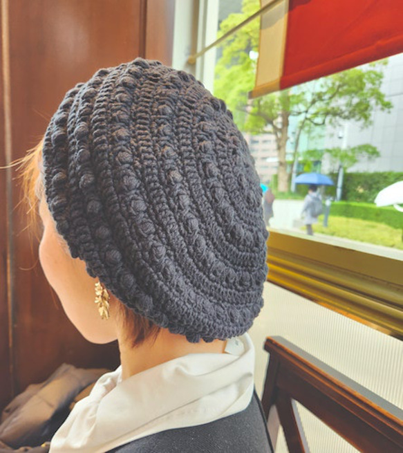 コットン ニットベレー帽　玉編み模様のニットベレー帽　かぎ針編みベレー帽 6枚目の画像