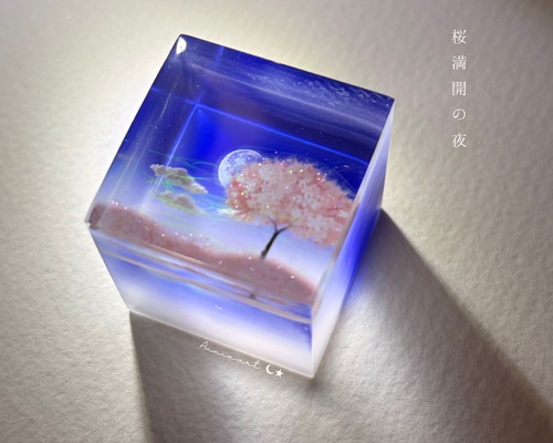 受注制作/S size】情景レジン-静かな夜に満開の桜 空/雲/春 その他置物