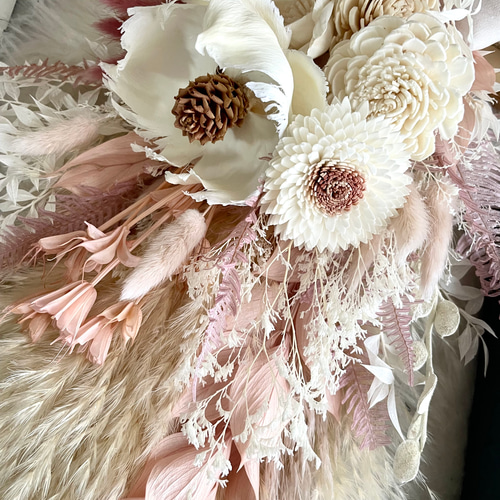 ドライフラワーパームフラワーとダリアの可愛いブーケ 花束 前撮り