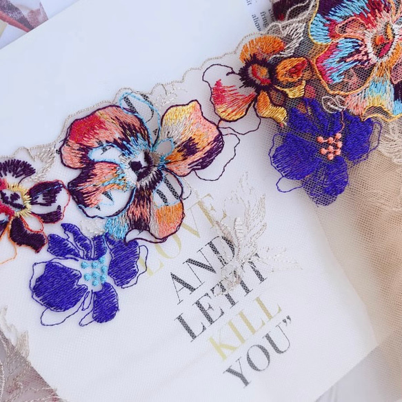 2m 花柄 刺繍 チュールレース　ハンドメイド　生地　手芸　素材　はぎれ　 1枚目の画像