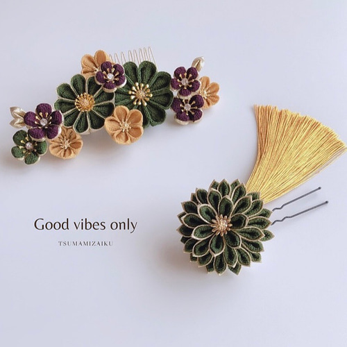 七五三 親子お揃い着物 親子リンクコーデ ハンドメイド グリーン緑紫