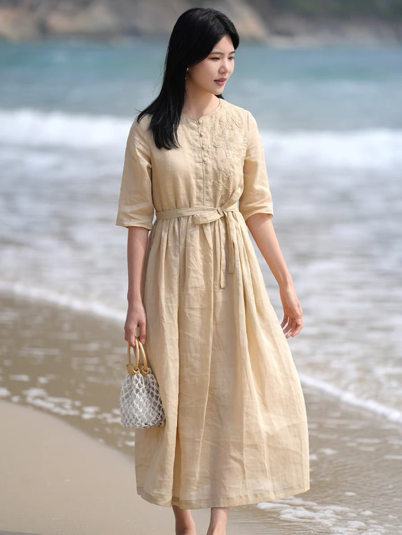 フロント刺繡がアクセント ラミー麻のロングワンピース ウエストベルト  