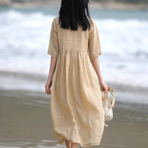 フロント刺繡がアクセント ラミー麻のロングワンピース ウエストベルト  