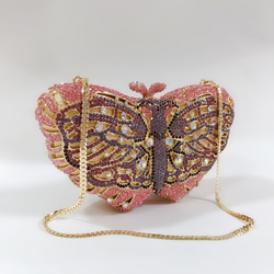 ピンク蝶モチーフクラッチ | ダイヤモンド装飾 | フォーマル・パーティー用水晶バッグ 2枚目の画像