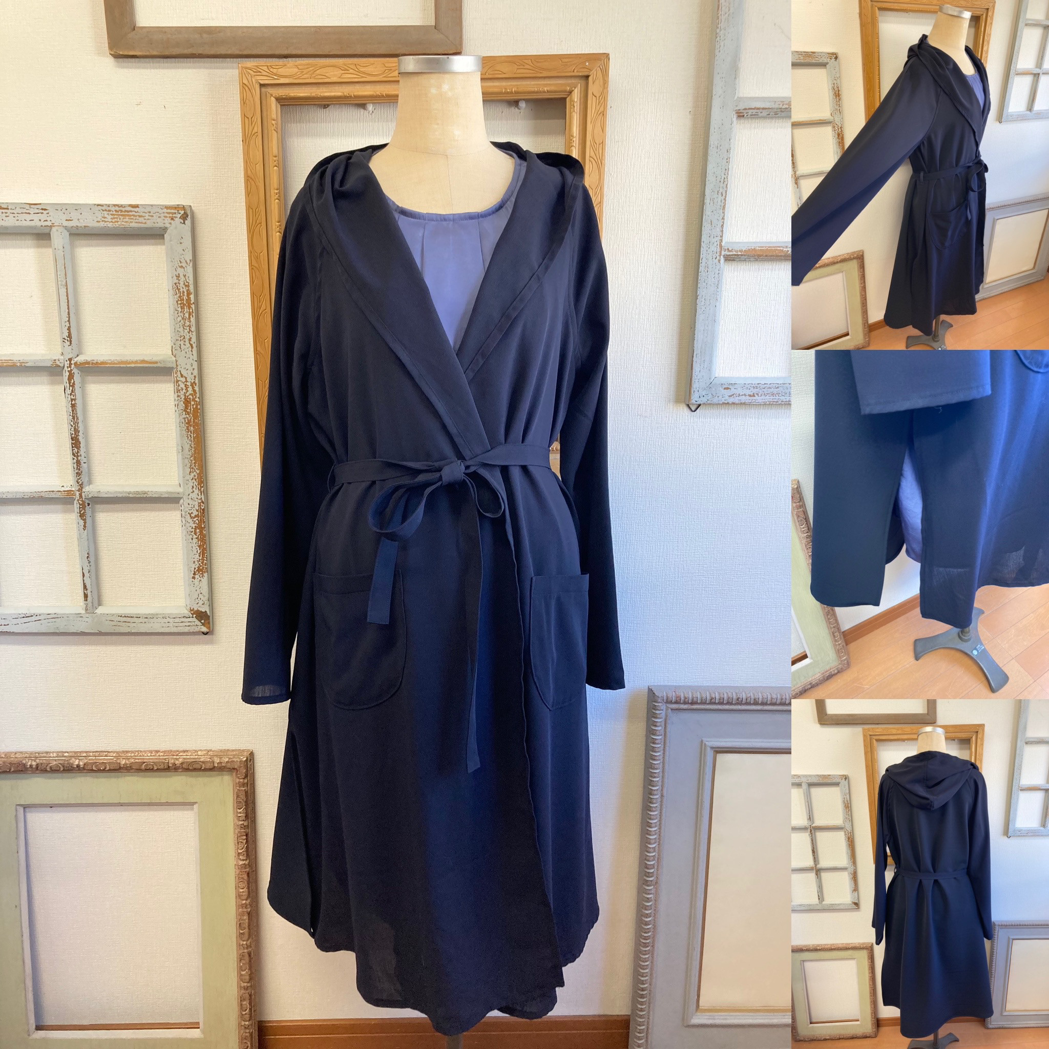 セール価格❗️軽い羽織心地❤️フード付きロングジャケット ネイビー（サイズフリー L〜Ｌ L）