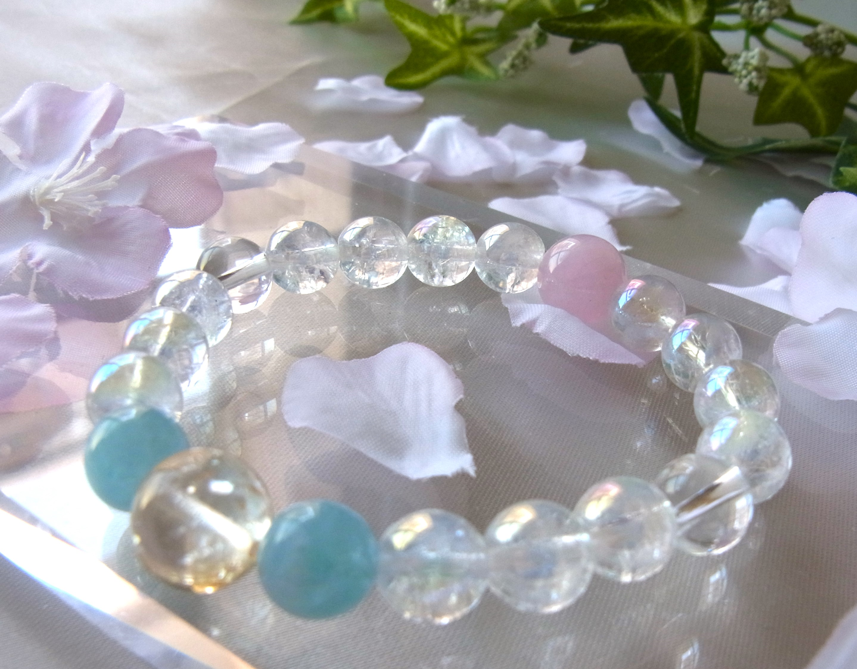 10ミリシトリン/10ミリローズクオーツ/8ミリアクアマリン/8ミリ水晶/8ミリオーロラクラッシュ/