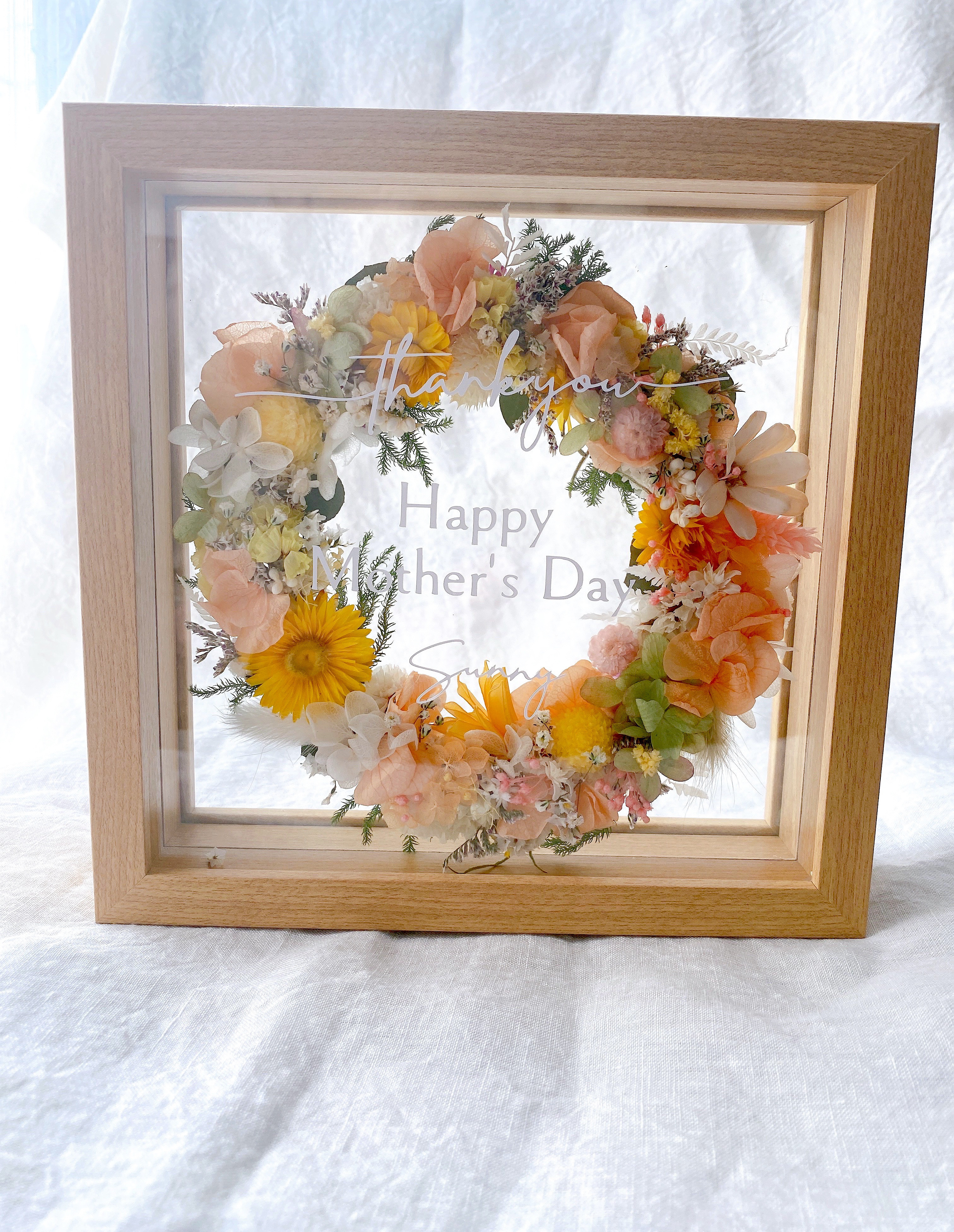 【超早割　母の日2026】母の日ギフト　文字選択　名前入れ　フレームボックス入りフラワーリース　プリザーブドフラワー