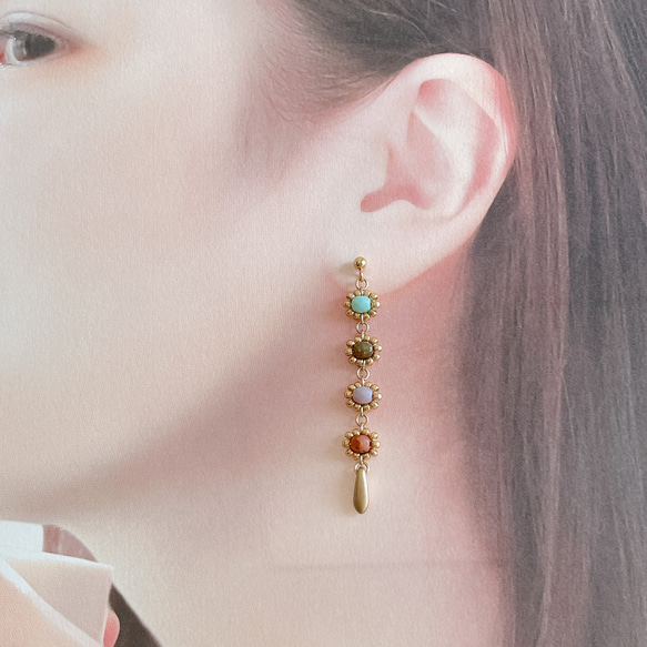 チェコ/ガラスビーズ【pastel Antique＊チェコビーズチェーンピアスorイヤリング】サージカルステンレスピアス 6枚目の画像