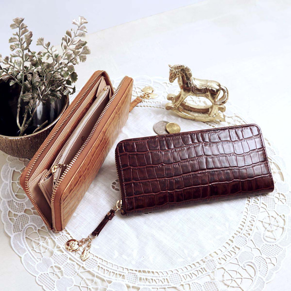 クロコダイル風 ファスナー小銭入れ付き ラウンドファスナー長財布  