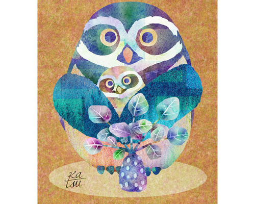 フクロウ親子」メガネフクロウ 幸運を運ぶ鳥 不苦労 福朗 森の哲学者