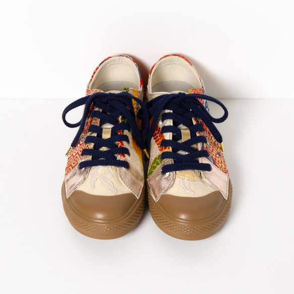 翠雨-Suiu- / Size 23.5cm 靴職人のリメイクスニーカー  ローカット 着物帯 扇 組紐 12枚目の画像