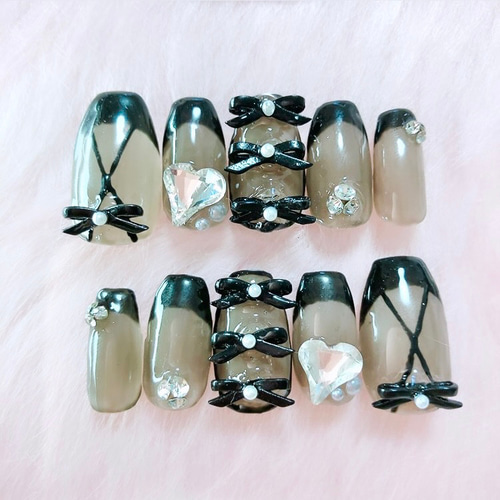 ネイルチップ オーダー シアー 大人 結婚式 韓国 ブラック フレンチ