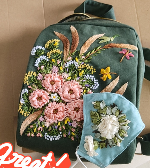 お花手刺繍リュックサック 割引5% ( プレゼント手刺繍マスク + 送料無料)) 5枚目の画像