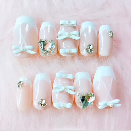 No.59 フレンチガーリーなバレリーナホワイト ネイルチップ バレエコア  