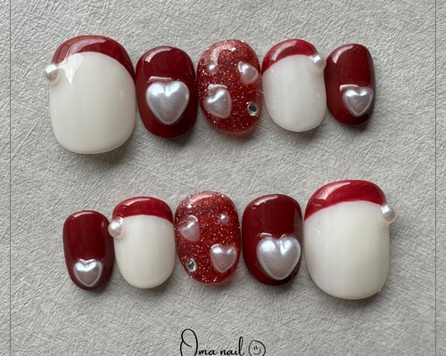 102))クリスマスネイル ネイルチップ ハートネイル 韓国 フレンチガーリー cheekにぷっくりハート♡ #チークネイル#ガーリーネイル