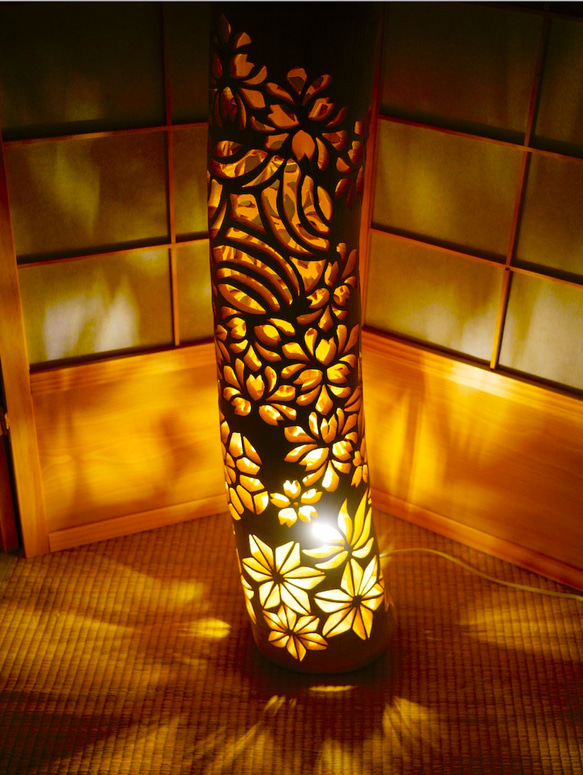 全面彫 希少曲がり竹 竹灯り・竹灯籠・竹灯篭・竹ランプ 繊細彫り  