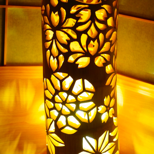全面彫 希少曲がり竹 竹灯り・竹灯籠・竹灯篭・竹ランプ 繊細彫り  