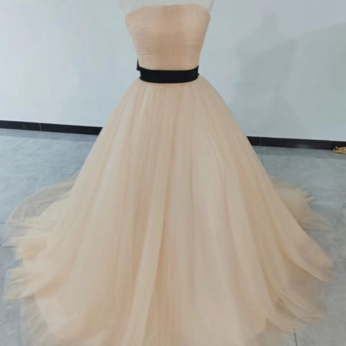 カラードレスシャンパン色 ソフトチュール ロングトレーン ー 結婚式  