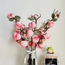 手編みの桃の花の鉢植え もも枝 桃 編みぐるみ 枯れない花 インテリア ハンドメイド ブーケ