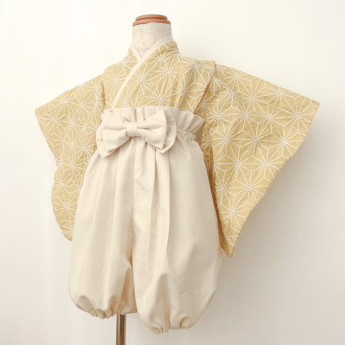 ベビー袴 麻の葉刺繍mustard×キナリ 70/80 ベビー服 KANA KANA