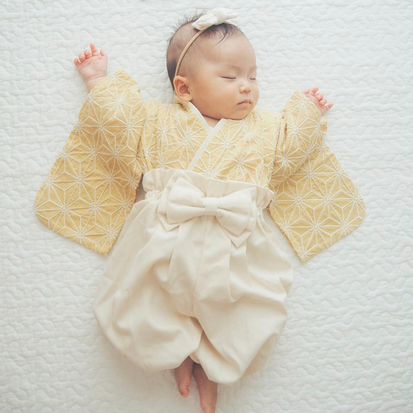 ベビー袴 麻の葉刺繍mustard×キナリ 70/80 ベビー服 KANA KANA