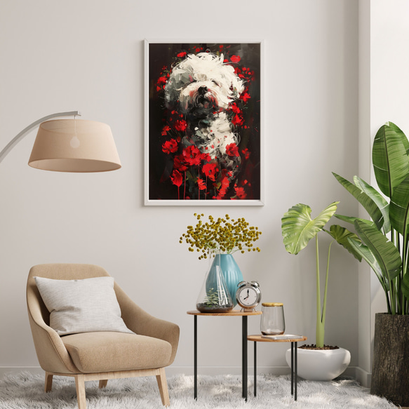 【犬花爛漫 - ビジョンフリーゼ犬 No.1】モダンアートポスター 犬の絵 犬の絵画 犬のイラスト 7枚目の画像