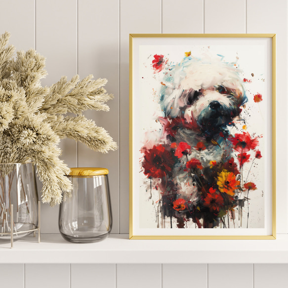 【犬花爛漫 - ビジョンフリーゼ犬 No.2】モダンアートポスター 犬の絵 犬の絵画 犬のイラスト 8枚目の画像