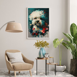 【犬花爛漫 - ビジョンフリーゼ犬 No.3】モダンアートポスター 犬の絵 犬の絵画 犬のイラスト 7枚目の画像
