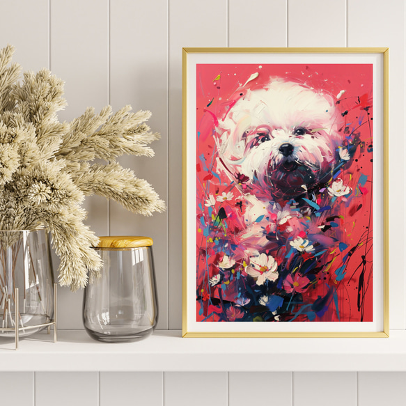 【犬花爛漫 - ビジョンフリーゼ犬 No.4】モダンアートポスター 犬の絵 犬の絵画 犬のイラスト 8枚目の画像