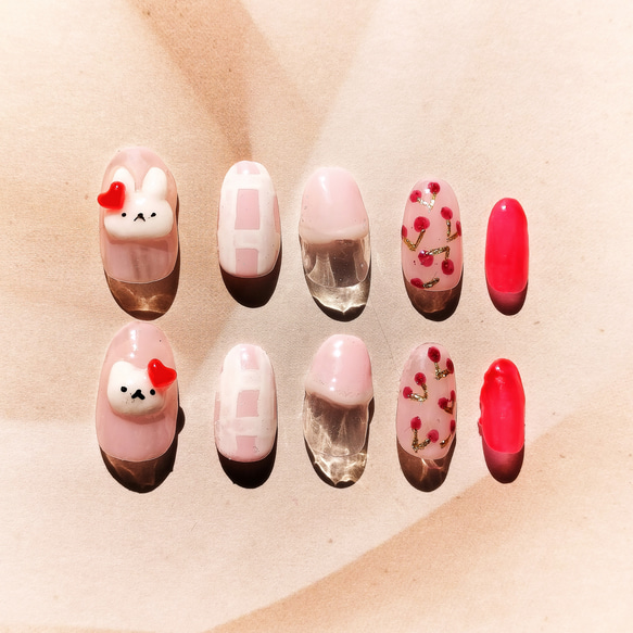 3dネイル うさぎ くま うさぎと熊の3Dネイル☆さくらんぼ ぷっくり 3D ガーリー 可愛い