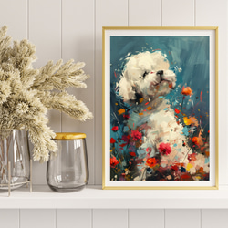 【犬花爛漫 - ビジョンフリーゼ犬 No.5】モダンアートポスター 犬の絵 犬の絵画 犬のイラスト 8枚目の画像