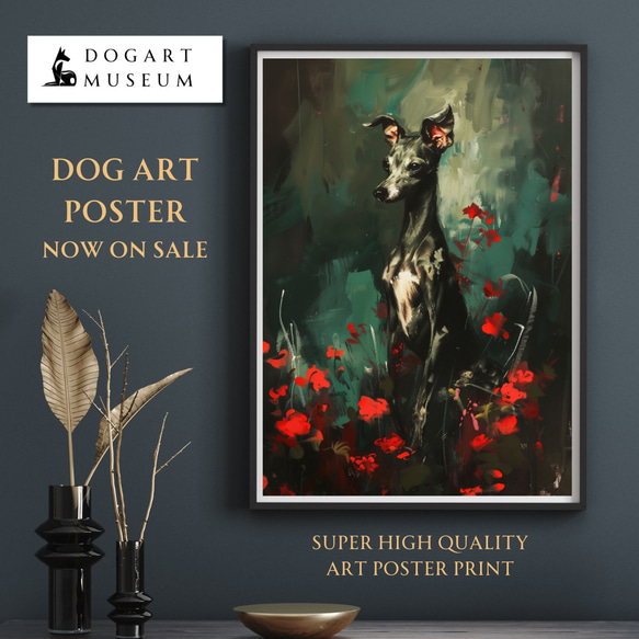 【犬花爛漫 - イタリアングレーハウンド犬 No.2】モダンアートポスター 犬の絵 犬の絵画 犬のイラスト 1枚目の画像