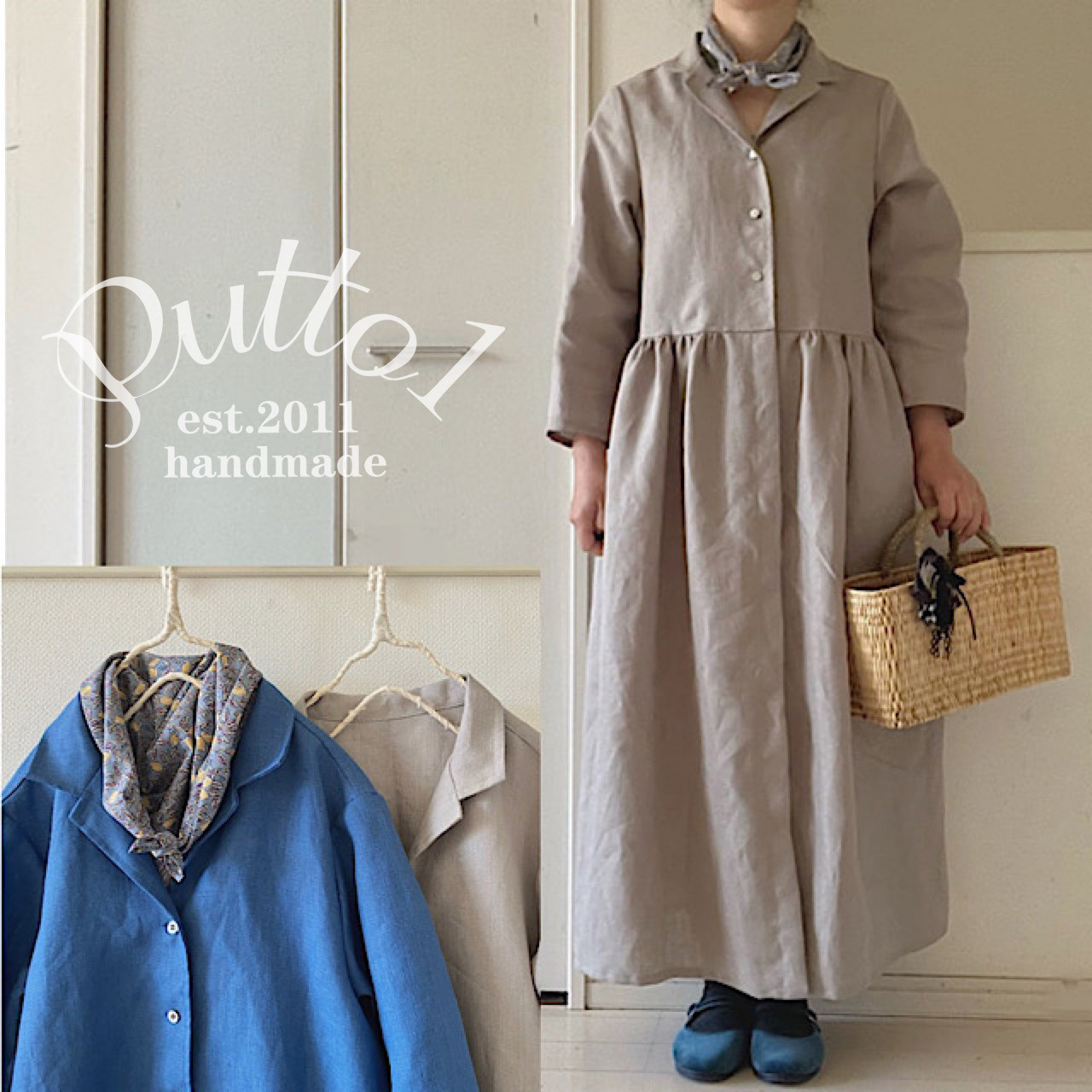 選べる2色/別売りで大人の檸檬柄バンダナ『受注生産』厚手のしっかりリネン・開襟シャツワンピース・9分袖