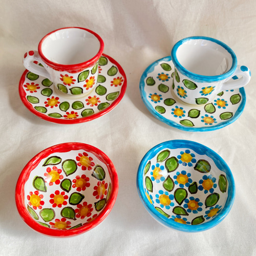 イタリア絵皿 手描き 飾り皿 カップ コーヒー エスプレッソ カフェ お菓子 エスプレッソカップ＆ソーサー マヨリカ焼き イタリア陶器