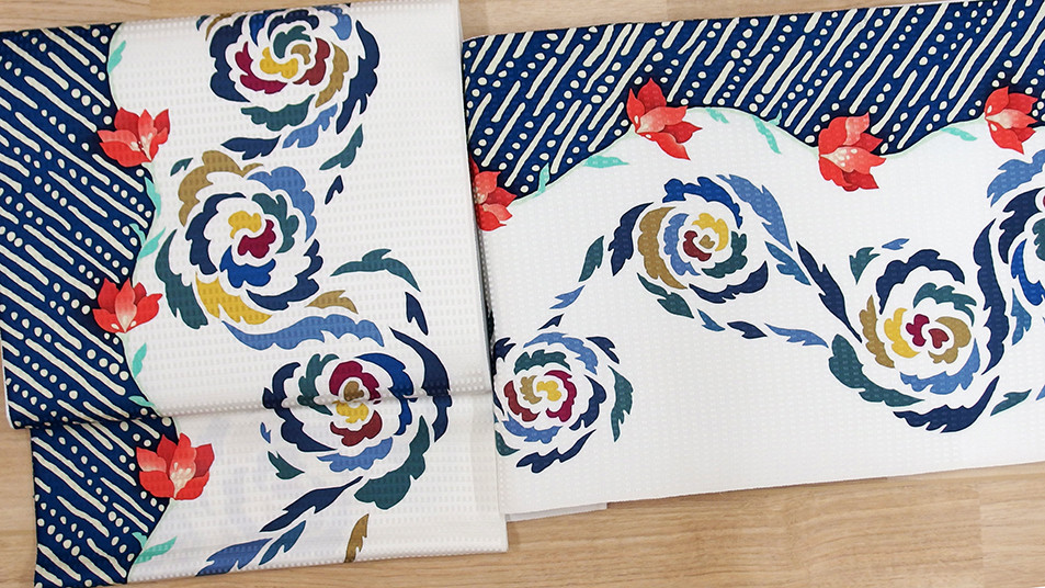 【洒落袋帯】未使用品/花織×ろうけつ染め/ガード加工/リバーシブル/456cm