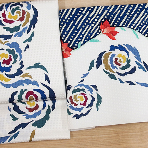 【洒落袋帯】未使用品/花織×ろうけつ染め/ガード加工/リバーシブル/456cm 洒落袋帯】未使用品/花織×ろうけつ染め/ガード加工/リバーシブル/456cm