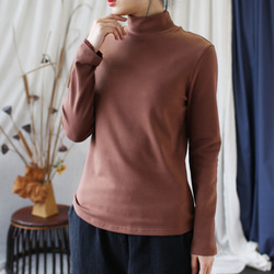 春季高領寬鬆 T 卹長袖剪裁縫製女用均碼 2410 4 色 第11張的照片