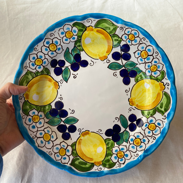 絵皿 26cm  GEO042 マヨリカ焼き イタリア陶器 レモンとオリーブ柄 3枚目の画像
