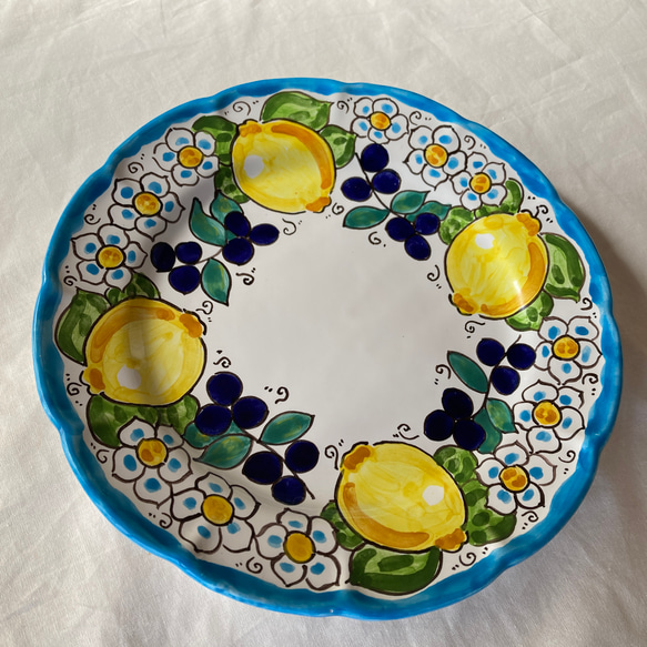 絵皿 26cm  GEO042 マヨリカ焼き イタリア陶器 レモンとオリーブ柄 2枚目の画像