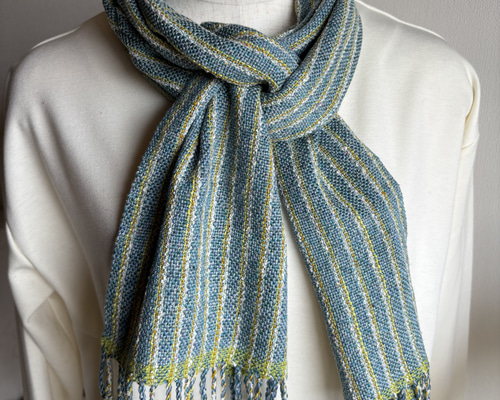 手織り』(シルクのマフラー)/ブルーと黄色のストライプ ストール Kei