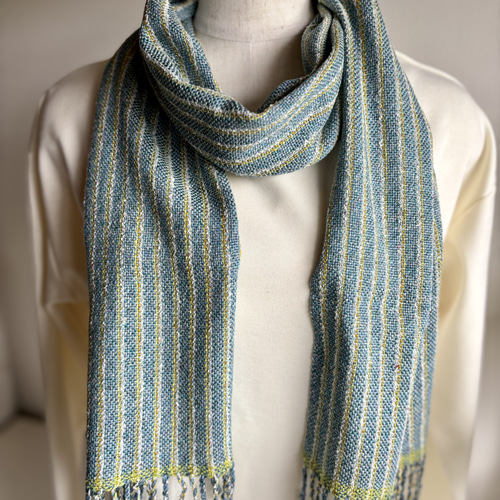 手織り』(シルクのマフラー)/ブルーと黄色のストライプ ストール Kei